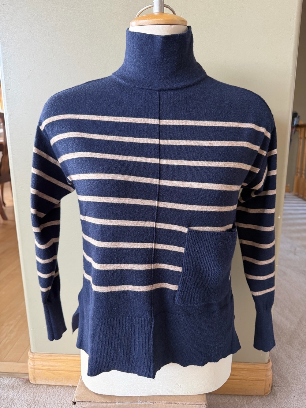 CHARLIE B Striped Turtleneck Pocket Sweater - Navy and Tan